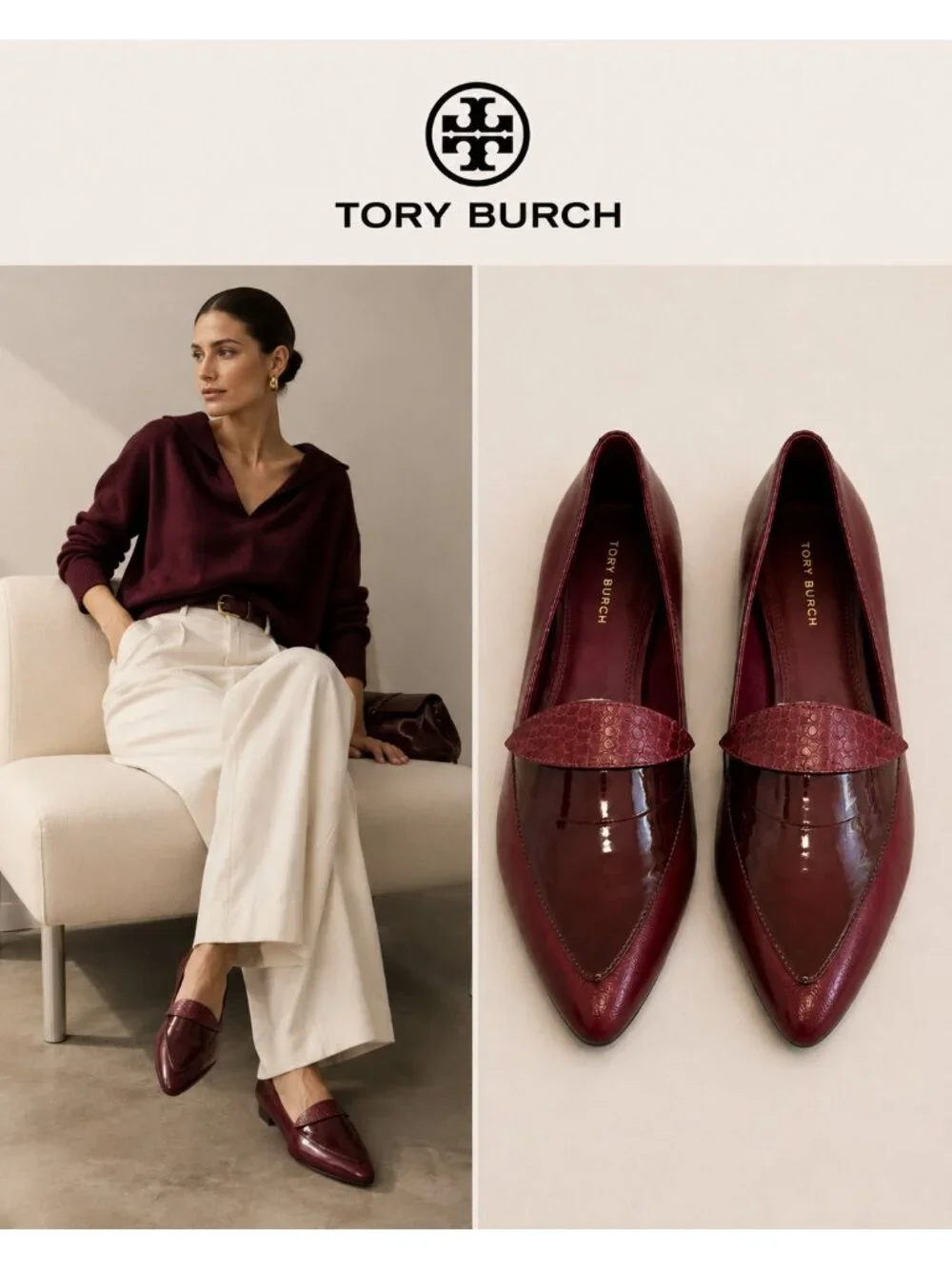 Tory Burch Burgundy Leather Pointed Toe Loafers Flats Women’s Size 9M
